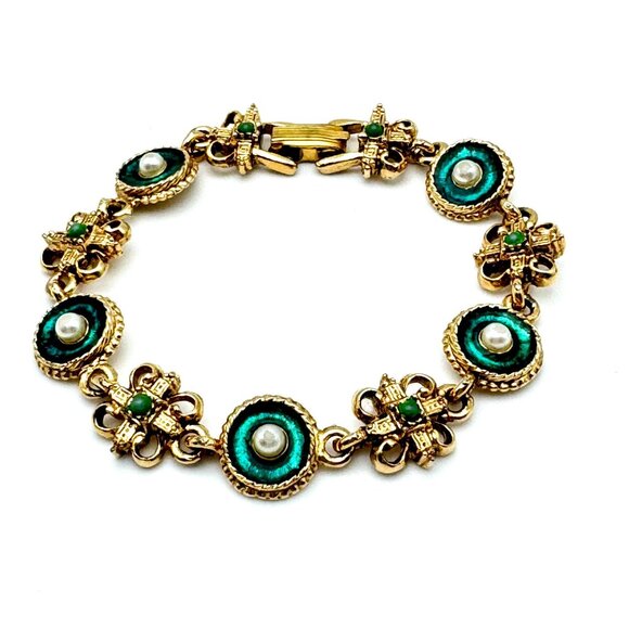 Vintage ART Mode Arthur Pepper Goldtone Bracelet With Faux Pearls Green Enamel - Picture 1 of 6